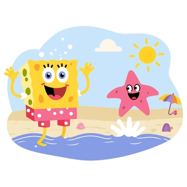 SpongeBob SquarePants, a yellow sea sponge with large blue eyes and a big smile, is playfully splashing water with his hands. He is wearing red swim trunks with white polka dots. Next to him, Patrick Star, a pink starfish with a cheerful expression, is jumping into the water, creating a big splash. The background features a bright sun shining overhead in a clear blue sky. The sandy beach of Goo Lagoon is visible, with gentle waves lapping at the shore. A few colorful beach umbrellas and seashells are scattered on the sand.