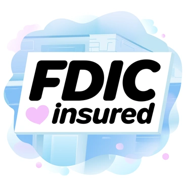 A close-up view of an "FDIC-insured" sign prominently displayed outside a local bank branch. The sign features bold letters in a clear typeface, emphasizing the assurance of federal insurance. The background includes the bank's brick facade, with the entrance partially visible, showcasing glass doors and a welcoming atmosphere. Soft, gradient pastel colors fill the scene, enhancing the overall appearance of the sign and the bank's exterior.