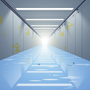 A metro tunnel is partially flooded with clear water, creating a reflective surface. The walls of the tunnel are made of grey concrete, with patches of rust and grime visible. Illuminated fluorescent lights are mounted on the ceiling, casting a soft glow that reflects off the water, creating shimmering patterns. The floor is uneven, and small debris floats on the water's surface. In the distance, a faint light source can be seen, hinting at the exit of the tunnel.