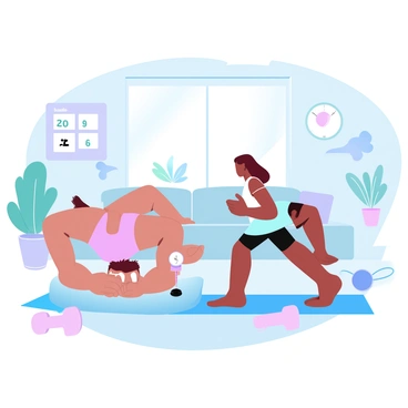 A man and a woman are engaged in a friendly fitness challenge inside a cozy living room. The man is in a bright-colored tank top and is doing push-ups on a yoga mat, while the woman is beside him, holding a stopwatch and counting his repetitions. Surrounding them are various fitness equipment such as dumbbells and a jump rope. The room features a large window with natural light coming in, illuminating the space filled with plants and colorful decorations. A scoreboard on the wall shows their names and the points they have earned in the challenge.