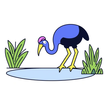 A cassowary with vibrant blue and black plumage stands beside a clear waterhole. The bird's long neck and bright yellow wattles are prominently displayed as it leans down to take a drink. Surrounding the waterhole are lush green plants and tall grasses that create a natural frame. The still water reflects the colors of the environment, adding a serene touch to the scene.