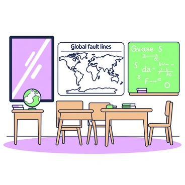 A classroom setting is visible, featuring rows of wooden desks and chairs. In the center of the room, there is a large wall chart displaying "global fault lines." The chart is filled with detailed illustrations of various tectonic plates and their boundaries. To the right of the chart, there is a green chalkboard with mathematical equations written in white chalk. On the left, a window allows natural light to illuminate the space, casting shadows on the floor. A stack of books is placed on one of the desks, alongside a green pencil case. A globe sits on a small table next to the chart, reinforcing the educational theme of the scene.