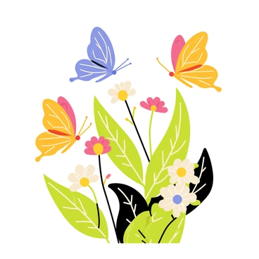 A collection of various butterflies in vibrant colors, including blue, orange, and yellow, positioned delicately among green leaves and colorful flowers. The butterflies have intricate patterns on their wings, showcasing detailed designs. The botanical elements include a mix of daisies and ferns, creating a lush, inviting scene filled with natural beauty. The overall composition highlights the graceful movement of the butterflies as they interact playfully with the surrounding flora.
