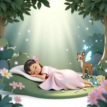 A fairy tale character, dressed in a flowing pastel-colored gown, is peacefully napping on a soft patch of moss in a magical forest. Sunlight filters through the dense canopy above, casting dappled light patterns around. Nearby, whimsical creatures such as tiny fairies with butterfly wings and a curious fawn, are watching over the character. The fairies have sparkling dust trails and the fawn has big, gentle eyes. Lush greenery surrounds the scene, with colorful flowers blooming and soft, magical glows emanating from the creatures.