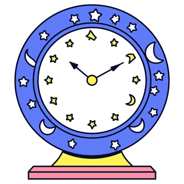 An ornate clock with a round face embellished with celestial motifs such as stars and moons. The clock's case is intricately designed with swirling patterns that represent the passage of time. Each hour marker is a small, delicate star, and the clock hands are elegantly shaped like crescent moons. The overall color scheme includes deep blues and gold, enhancing the celestial theme. The clock is mounted on a wooden base with a polished finish, adding to its grandeur.