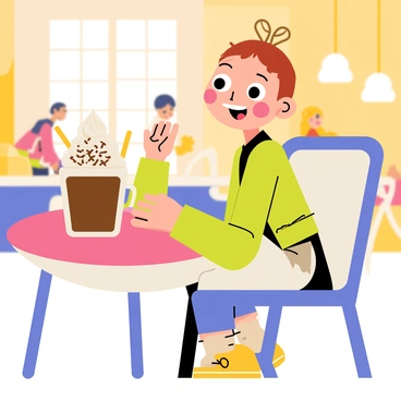 A child enjoying a cup of hot chocolate at a cafe table, with a joyful expression