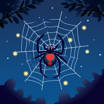 A black widow spider is hanging in its intricately woven web, poised as it hunts at night. The spider has a shiny black body and a distinctive red hourglass marking on its abdomen. The web is stretched between two branches, glistening in the darkness from the soft light of nearby fireflies. The fireflies emit a warm, golden glow, illuminating the web with sparkling highlights. The surrounding environment is filled with dark silhouettes of leaves and branches, creating a sense of depth in the scene. The night sky is deep blue, dotted with distant stars, enhancing the nocturnal atmosphere.