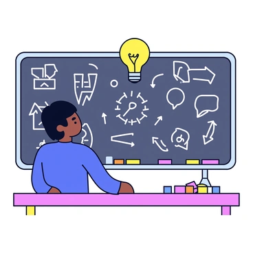 An entrepreneur standing in front of a large chalkboard filled with handwritten notes and diagrams. The entrepreneur has short black hair and is wearing a blue shirt. Above their head, a bright yellow light bulb is glowing, indicating a sudden great idea. The chalkboard is surrounded by colorful chalk pieces scattered on a wooden table.