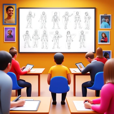 A virtual workshop dedicated to character design with a large screen showcasing various sketches. The screen displays detailed character sketches in different poses and styles. Participants are seated at desks with drawing tablets and notebooks, actively engaging and taking notes. The workshop setting includes colorful posters of famous characters on the walls and warm lighting that creates an inviting atmosphere. Some participants are discussing their ideas while others are focused on sketching.