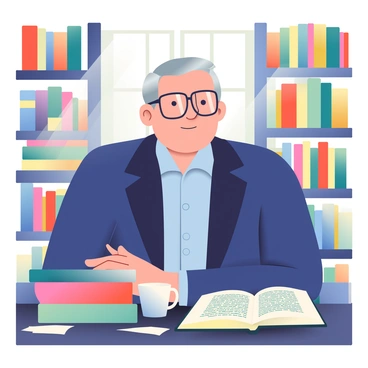 A detailed portrait of Drucker, surrounded by books and printed works