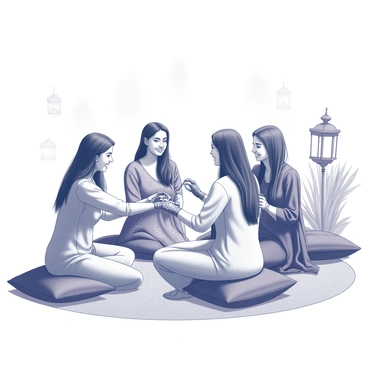 A group of women gathered in a festive atmosphere, sitting on colorful cushions arranged on the ground. They are applying henna to each other's hands, with intricate patterns being drawn on their skin. Some women are smiling and laughing, while others are focused on the designs they are creating. In the background, there are decorative elements like traditional fabrics and ornamental lanterns enhancing the scene. The women wear traditional attire, with detailed embroidery that adds to the festive ambiance.
