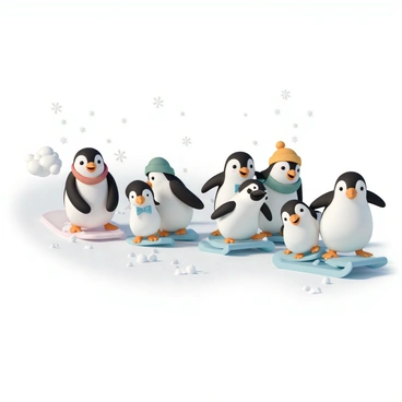A group of five cheerful penguins, each with a distinct personality, is racing down a snowy slope. One penguin, wearing a red scarf, is leading the pack, its wings outstretched as it glides on a sled made of ice. The second penguin, with a bright blue bowtie, is laughing as it holds onto its sled tightly. A third penguin, sporting a green cap, is slightly behind and looking determined. The fourth penguin, with white snowflakes on its belly, has its eyes wide open in excitement. The last penguin, a bit chubby and wearing a yellow beanie, is wobbling on its sled but enjoying the ride. The slope is filled with sparkling snow, and the bright sun shines down, casting playful shadows on the snow.