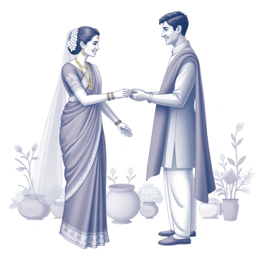 A Maharashtrian couple dressed in traditional wedding attire stands facing each other. The bride wears a colorful nauvari saree, elegantly draped, adorned with intricate patterns and gold jewelry. Her hair is styled neatly, decorated with fresh flowers. The groom is in a dhoti and kurta, with a matching scarf draped over one shoulder. They are in the process of exchanging garlands, both reaching out to each other with joyful expressions. The backdrop features traditional floral decorations and symbols often seen in Maharashtrian weddings. The atmosphere reflects the vibrant spirit of the celebration.