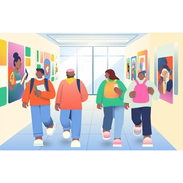 A group of diverse students is walking through a university hallway. The students are of varying ethnicities and are engaged in conversation. They are carrying books and backpacks. The hallway is decorated with vibrant art posters hanging on the walls, showcasing a mix of styles and colors. Some posters feature abstract designs, while others display famous artworks. The lighting in the hallway is bright and inviting, highlighting the art. The floor is a polished tile, and large windows at the end of the hallway allow natural light to flood in.