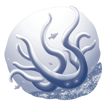 A dynamic underwater scene featuring large, leafy fronds of giant kelp. The kelp leaves are twisting and turning gracefully, creating a swirling pattern as they move with the ocean current. Sunlight filters through the water, casting soft shadows and highlights on the kelp. The background is filled with varied textures of the ocean floor, with hints of small rocks and sand visible among the kelp. Small fish swim amongst the leaves, interacting with the flowing greenery.
