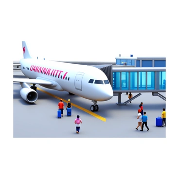 A large airplane parked at an airport, with a sky bridge extending from the terminal to the aircraft. Several passengers are walking through the sky bridge, carrying their luggage. The airplane exhibits a sleek fuselage with bright airline branding. The sky bridge is made of glass and metal, allowing a view of the airplane and surrounding airport scene. The atmosphere is busy, with various travelers and staff members in the background.