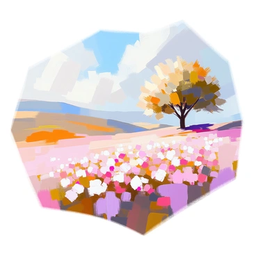 A landscape featuring a vast expanse where delicate flowers in shades of pink and white blanket the ground, resembling a layer of snow. The blossoms spread across rolling hills, creating a soft, textured surface. In the background, gentle trees with lush green foliage stand, providing contrast to the sea of blossoms. The sky is bright and clear, allowing warm sunlight to illuminate the scene, highlighting the vibrant colors of the flowers.