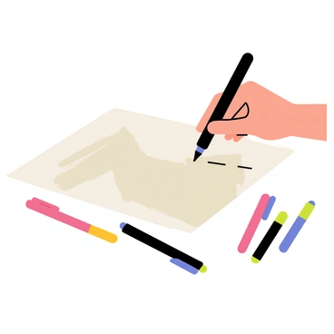 A close-up of a hand holding a black graphic marker against a smooth sheet of white drawing paper. The hand is positioned in a way that showcases the movement of the marker as it creates a series of overlapping lines and shaded areas. The paper features various gradient shades resulting from the marker strokes, illustrating different shading techniques. Nearby, additional graphic markers of various colors are scattered around, highlighting the tools used for this demonstration. The background is neutral to keep the focus on the hand and the drawing process.