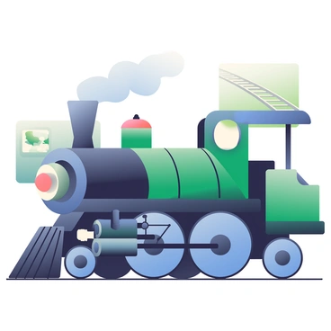 A classic steam locomotive is positioned prominently in the foreground. The locomotive features a dark green body with shiny black accents. The pistons are clearly visible, intricately detailed with a metallic finish, and the steam pipes are connected along the sides, puffing out white steam into the air. There are large, round wheels that are partially covered in a thin layer of coal dust. In the background, there are blurred images of a train track and greenery to provide context to the locomotive's setting. The overall scene captures the essence of an era defined by steam-powered travel.