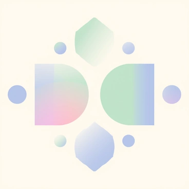 A symmetrical design is presented featuring mirrored shapes forming a harmonious balance. The shapes are arranged in a precise pattern, with two large circles at the center that are surrounded by smaller geometric figures. The colors of the shapes include soft blues, gentle greens, and pastel pinks. The background is a light gradient that transitions smoothly from a soft cream to a pale lavender. Each shape has defined edges, creating clear delineation between them, while maintaining an overall sense of unity in the composition.