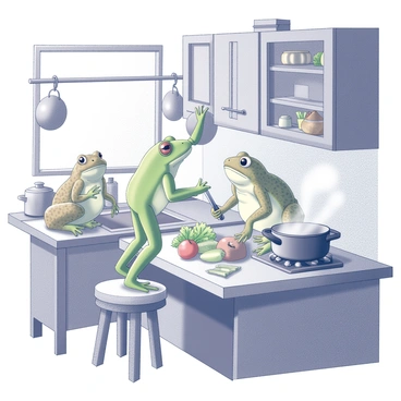 A frog and a toad are working together in a rustic kitchen. The frog, with its smooth, green skin, is standing on a wooden stool, reaching up to grab a pot from a shelf. The toad, with its bumpy, brown skin, is positioned on the counter, chopping vegetables with a small knife. The kitchen is filled with wooden cabinets and hanging pots. A window lets in light, illuminating the countertops covered with fresh ingredients like herbs and vegetables. A steaming pot sits on the stove, with wisps of steam rising into the air.