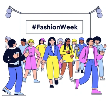 A bustling fashion week scene with photographers capturing models and the hashtag #FashionWeek