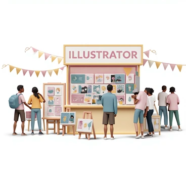 An illustrator's booth at an art festival, with a vibrant display of colorful prints neatly arranged on wooden stands. The booth features a large, eye-catching banner with the illustrator's name in bold letters. Various prints, showcasing whimsical designs and intricate details, are hanging from clips and displayed on easels. The booth is surrounded by festival-goers admiring the artwork, some browsing through the prints while others engage in conversation. In the background, festive decorations like string lights and banners enhance the lively atmosphere of the event.