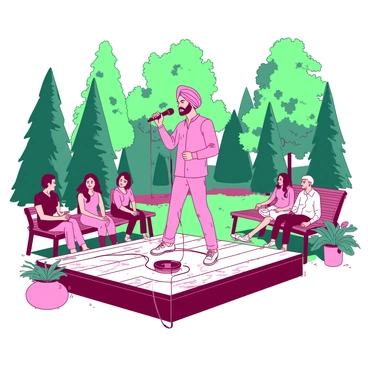 A pink Diljit Dosanjh is standing on a small wooden stage with a microphone in hand, singing a heartfelt ballad. He is dressed in casual, stylish clothing with a relaxed stance, looking intently at his audience. Surrounding the stage is a lush green park filled with tall trees and colorful flowers. A few people are seated on benches, listening intently, while others are standing and enjoying the performance. Soft sunlight filters through the leaves, casting gentle shadows on the ground.