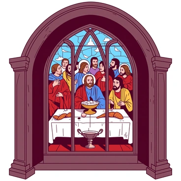 A large church window showcases vibrant stained glass depicting the scene of the "Last Supper." The window is framed in intricate dark wood, highlighting the colorful panes. The figures of Jesus and the twelve apostles are represented in various postures, with detailed expressions on their faces. The glass features a mix of rich red and blue shades, illuminating the interior of the church with warm hues as sunlight filters through. Below the figures, there are symbolic elements such as a chalice and bread, enhancing the religious significance of the scene.