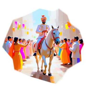 A groom with a traditional outfit, adorned with intricate embroidery and a colorful turban, is riding a majestic white horse. He holds the reins confidently, looking joyful and proud. Surrounding him, a vibrant group of guests is engaged in a lively dance, wearing colorful traditional attire. Some guests are clapping their hands, while others are twirling and moving rhythmically to the music. The atmosphere is filled with excitement and celebration, capturing the essence of the baraat procession. Bright decorations and colorful fabrics embellish the scene, adding to the festive ambiance.