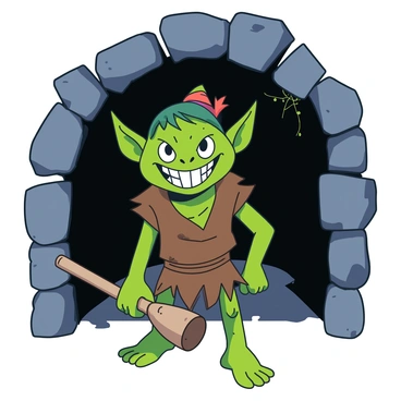 A green goblin is standing at the entrance of a dark, rocky dungeon passageway. The goblin has a wide, cheeky grin revealing sharp teeth and its pointed ears are perked up. It is wearing a tattered brown tunic and has a small, colorful cap perched on its head. In one hand, the goblin holds a wooden club, while the other hand is resting on its hip. Behind the goblin, the passageway leads into darkness, with faint glimmers of light reflecting off damp stones. A few cobwebs hang from the edges of the entrance, adding to the eerie atmosphere.