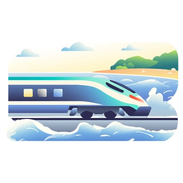 A TGV train with a sleek design in a vibrant blue color is running parallel to a scenic coastline. The train is moving at high speed, with dynamic motion blurred lines enhancing the sense of rapid movement. In the background, a picturesque coastline stretches out, featuring sandy beaches and lush green vegetation. Waves are crashing energetically against the shore, creating white frothy spray. The sky above is clear with a few fluffy white clouds, allowing warm sunlight to illuminate the scene. The overall composition captures the harmony between modern technology and natural beauty.