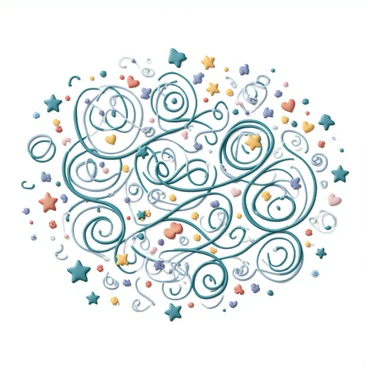 A chaotic doodle featuring various swirls and spirals, each one intertwining with the next in a tangled web. The lines shift from thick to thin, creating a sense of depth throughout the illustration. Random shapes such as stars, hearts, and abstract forms emerge unexpectedly from the spirals, adding to the complexity. The overall color scheme includes vibrant shades of blue, red, green, and yellow, blending in some areas while clashing in others. The doodle sprawls across the page, overflowing with intricate details that evoke a sense of playful disorder.