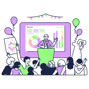 An announcer stands at a podium, holding a microphone and smiling as he reveals election results displayed on a large screen behind him. The screen shows colorful graphics of pie charts and bar graphs indicating the results. A crowd of people is gathered in front of the stage, with various expressions of excitement and anticipation on their faces. Some individuals are raising their hands in celebration, while others are leaning forward to catch the latest updates. Balloons and banners are visible in the background, adding to the festive atmosphere of the event.