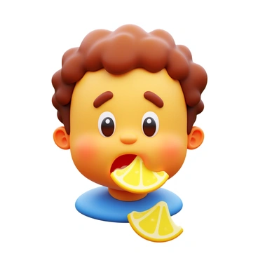 A child with a surprised expression, eyes wide open and eyebrows raised, is wincing after tasting a yellow lemon slice. The child has curly brown hair and a small, open mouth showing discomfort. The lemon slice is bright yellow and glistening with juice. The background features soft, blurred colors to emphasize the child's reaction.
