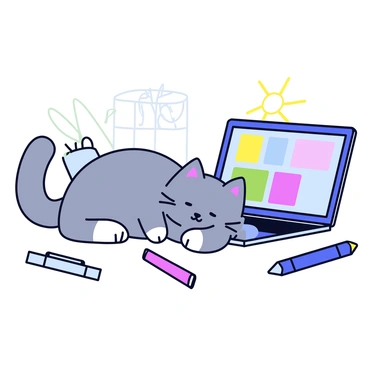 A fluffy gray cat with white paws is lazily resting its head on a laptop keyboard. The laptop is open, displaying a vibrant screen with colorful icons. The cat has its eyes half-closed, showcasing a relaxed expression. Sunlight is gently illuminating the scene, casting a soft glow on the cat's fur and the laptop. The workspace around the laptop includes a few scattered pens and a small potted plant in the background.