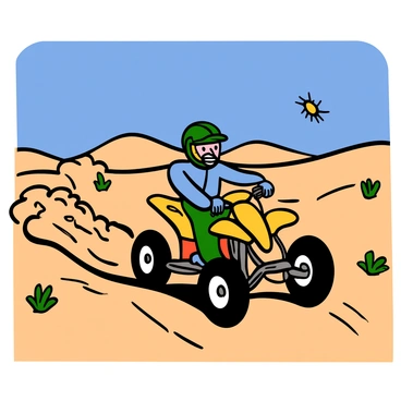 An ATV bike with a sleek design and bright colors speeds across a vast sandy desert. The wheels of the ATV are kicking up a cloud of dust, creating a dynamic trail behind it. The desert is expansive, with rolling dunes and sparse vegetation scattered throughout. Above, the sky is clear and blue, with the sun shining brightly, illuminating the scene and casting distinct shadows on the sand. The rider, wearing a helmet and protective gear, leans forward as they navigate the terrain, showcasing the thrill of the ride.