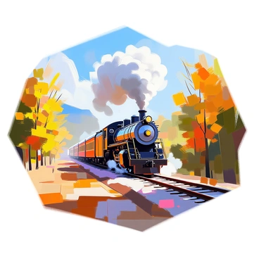 A historic steam train chugging steadily along the tracks through Cuyahoga Valley National Park. The train features a black locomotive with brass accents and vintage wooden carriages. Lush green trees line the tracks on either side, with vibrant foliage indicating the season. A clear blue sky stretches overhead, dotted with fluffy white clouds. In the background, gentle hills rise, complementing the serene natural landscape. The train emits puffs of white steam as it moves, creating a dynamic and nostalgic scene.