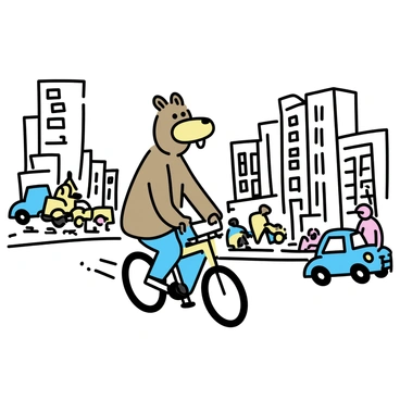 A character resembling "ALF," an alien with brown fur and a large nose, riding a bicycle. He is pedaling through a busy city street filled with "skyscrapers" towering in the background. Various "cars" are seen driving alongside the bicycle lane, and "people" are walking on the sidewalks. The scene captures the vibrancy of urban life with movement and activity all around.
