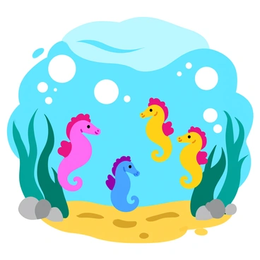 A vibrant underwater scene featuring several colorful seahorses resembling balloons, each with bright hues like pink, blue, and yellow. The seahorses are gently swaying as if caught in a soft current, their tails curled gracefully. Surrounding them are cheerful bubbles of varying sizes, adding to the playful atmosphere. The background is filled with soft, wavy aquatic plants that provide a sense of depth and movement in the water. Sunlight filters through the water, creating shimmering patterns on the sandy sea floor below.