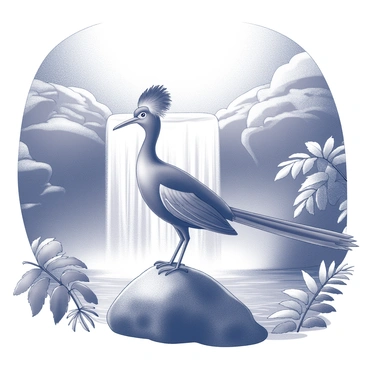 A lyrebird perched on a rock near a cascading waterfall. The bird displays its distinctive long tail feathers, which fan out elegantly. The waterfall flows down a rocky cliff, creating a dynamic flow of water. Mist rises from the base of the waterfall, creating a soft haze in the air around the bird. Surrounding the scene are lush plants and ferns, contributing to the natural setting. Sunlight filters through the leaves, illuminating the bird and the cascading water.