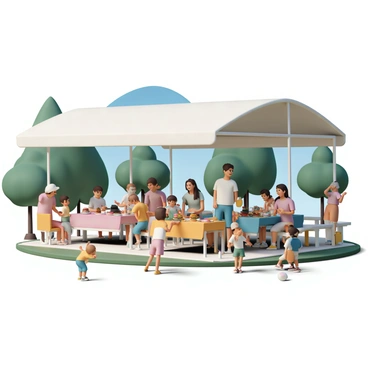 An extended family is gathered under a large park pavilion, enjoying a barbecue. There are several tables set up, covered with colorful tablecloths and a variety of delicious food items, including burgers, hot dogs, and salads. The family members, including grandparents, parents, and children, are engaged in lively conversations and laughter. Some adults are cooking on a grill, while children are playing frisbee nearby. The pavilion is surrounded by lush green trees and a bright blue sky, creating a cheerful atmosphere. Many family members are wearing casual summer outfits, such as t-shirts and shorts.