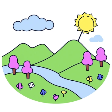 A detailed landscape featuring rolling hills made of green gummy candy. There are chocolate rivers winding through the hills, and cotton candy trees with fluffy pink tops. The sky is filled with blue rock candy clouds, and a sun made of a large yellow lollipop shines overhead. In the foreground, there are candy flower patches with colorful gumdrop petals and licorice stems.