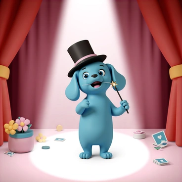 A cartoon dog performing magic tricks on stage with a magician's hat and wand