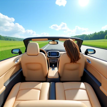 A convertible car interior featuring plush leather seats in a light beige color. The dashboard is sleek and modern with a high-tech display and glossy accents. The top of the car is down, showcasing a bright blue sky filled with a few fluffy white clouds. Sunlight pours into the cabin, illuminating the interior. In the driver's seat, a person with long, wavy hair is enjoying the breeze, their hair flowing freely in the wind. The scenery outside the car is vibrant and green, hinting at a sunny day perfect for a drive.
