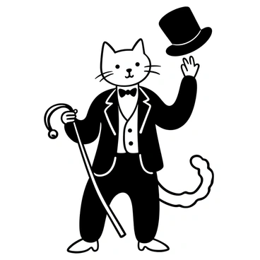 A cat dressed in a tailored Victorian suit stands upright on its hind legs. The suit features a sharp jacket with a waistcoat underneath, elegantly tailored to fit the cat's form. In one paw, the cat holds a polished cane with a decorative handle. The other paw is raised as it tips a classic bowler hat, showcasing a sophisticated demeanor. The background is simple to keep the focus on the cat's chic attire and poised stance.