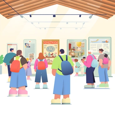 A group of families is exploring various exhibits at the Museum of Normandy in Caen. Several adults and children are engaged with different displays, pointing at artifacts and discussing their significance. One family is gathered around a large exhibit featuring a historical tapestry, while another group is examining a collection of ancient pottery. Children are carrying small backpacks and are excitedly asking questions. The museum interior has high ceilings with wooden beams and soft lighting highlighting the exhibits. Visual information about the museum's history is displayed on informative panels near the exhibits.