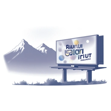 A large billboard stands prominently in the foreground, obstructing a picturesque view of the mountains in the background. The billboard displays an eye-catching advertisement with bold lettering and vibrant graphics, drawing attention away from the natural scenery. The mountains rise majestically behind the billboard, their peaks capped with snow, contrasting with the artificiality of the advertisement. The sky is clear, providing a bright backdrop that further highlights the dramatic juxtaposition between the billboard and the landscape.