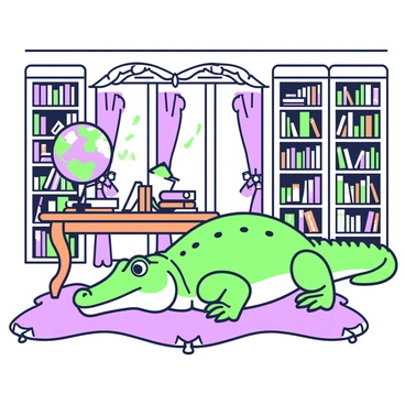 An alligator is sitting comfortably on a plush rug in a Victorian study. The study is filled with tall bookshelves that are overflowing with books of various sizes and colors. In one corner, there is a large globe mounted on a wooden stand, displaying continents and oceans. The alligator's body is resting against a polished wooden coffee table that holds an assortment of antique items. Soft light filters in through ornate curtains, casting gentle shadows around the room. The walls are adorned with intricate moldings, adding to the elegance of the setting.