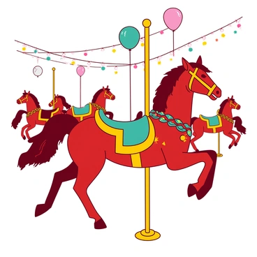 A red carousel horse with a golden saddle is positioned in the foreground, adorned with colorful garlands and bright ribbons. The horse has a shiny mane and a joyful expression, capturing the festive spirit. Surrounding it, other carousel horses in various poses are also decorated with sparkling ornaments, some featuring teal and yellow accents. In the background, there are twinkling lights strung across the parade route, adding to the celebratory atmosphere. Balloons in vibrant colors float above the scene, enhancing the cheerful holiday vibe.